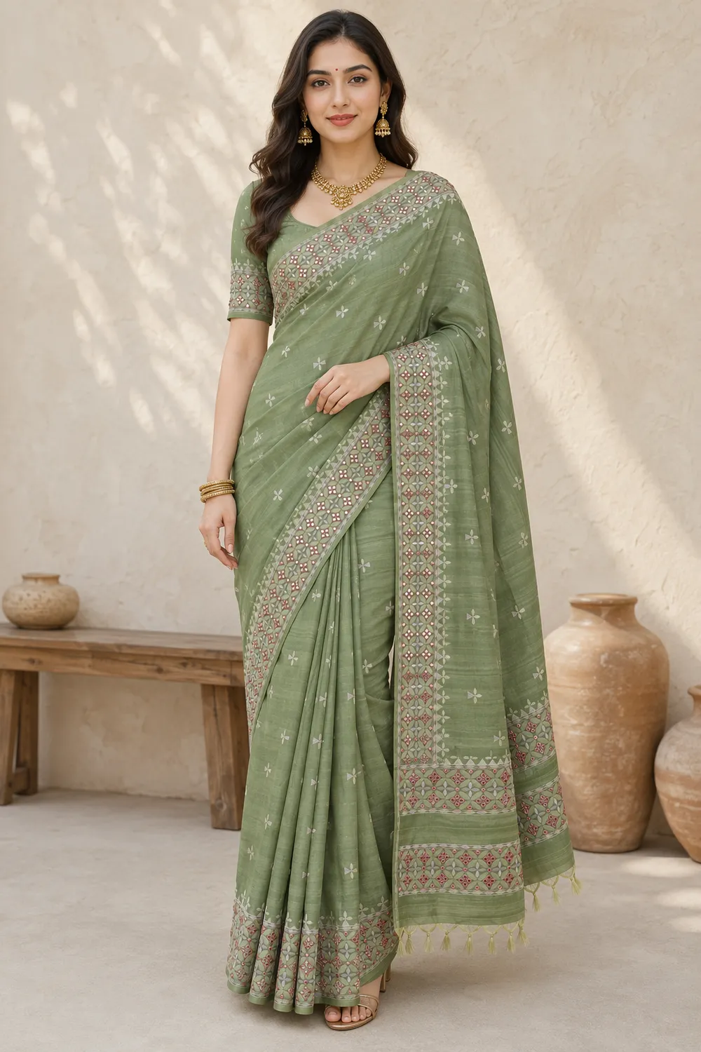 Pista Green Tussar Saree