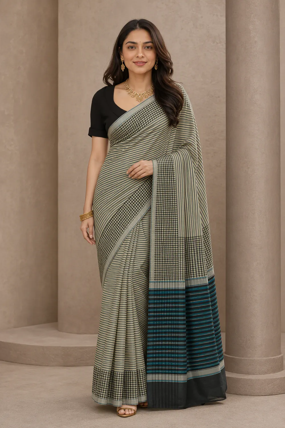 Pure Black and White Checks Saree
