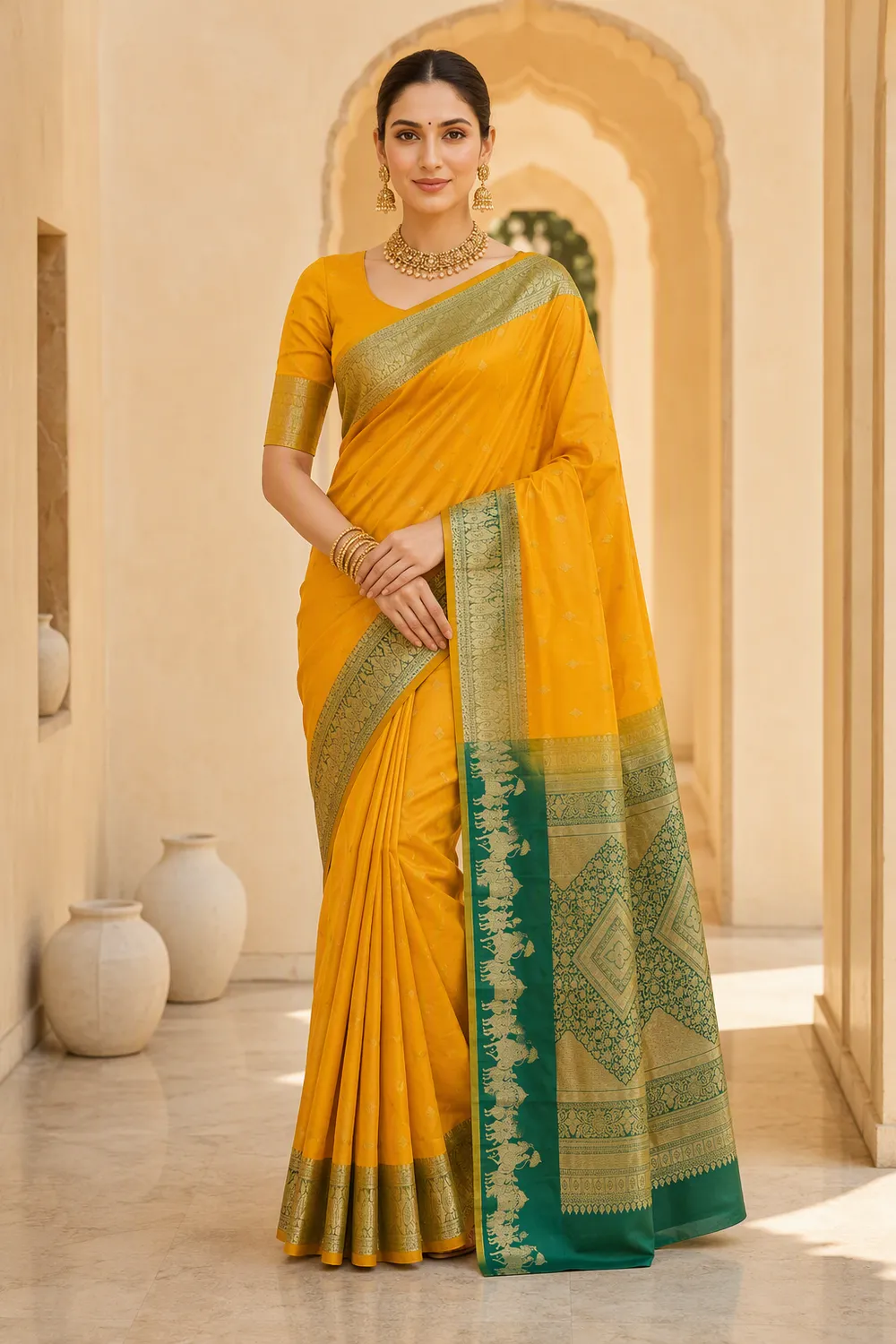 Yellow Contrast Kanjeevaram Saree
