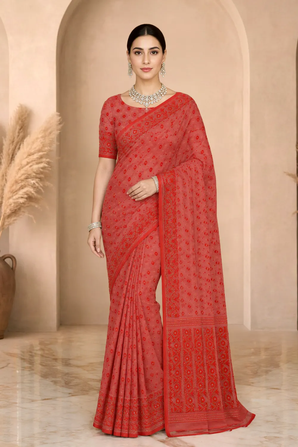 Red Cutdana Jamdani