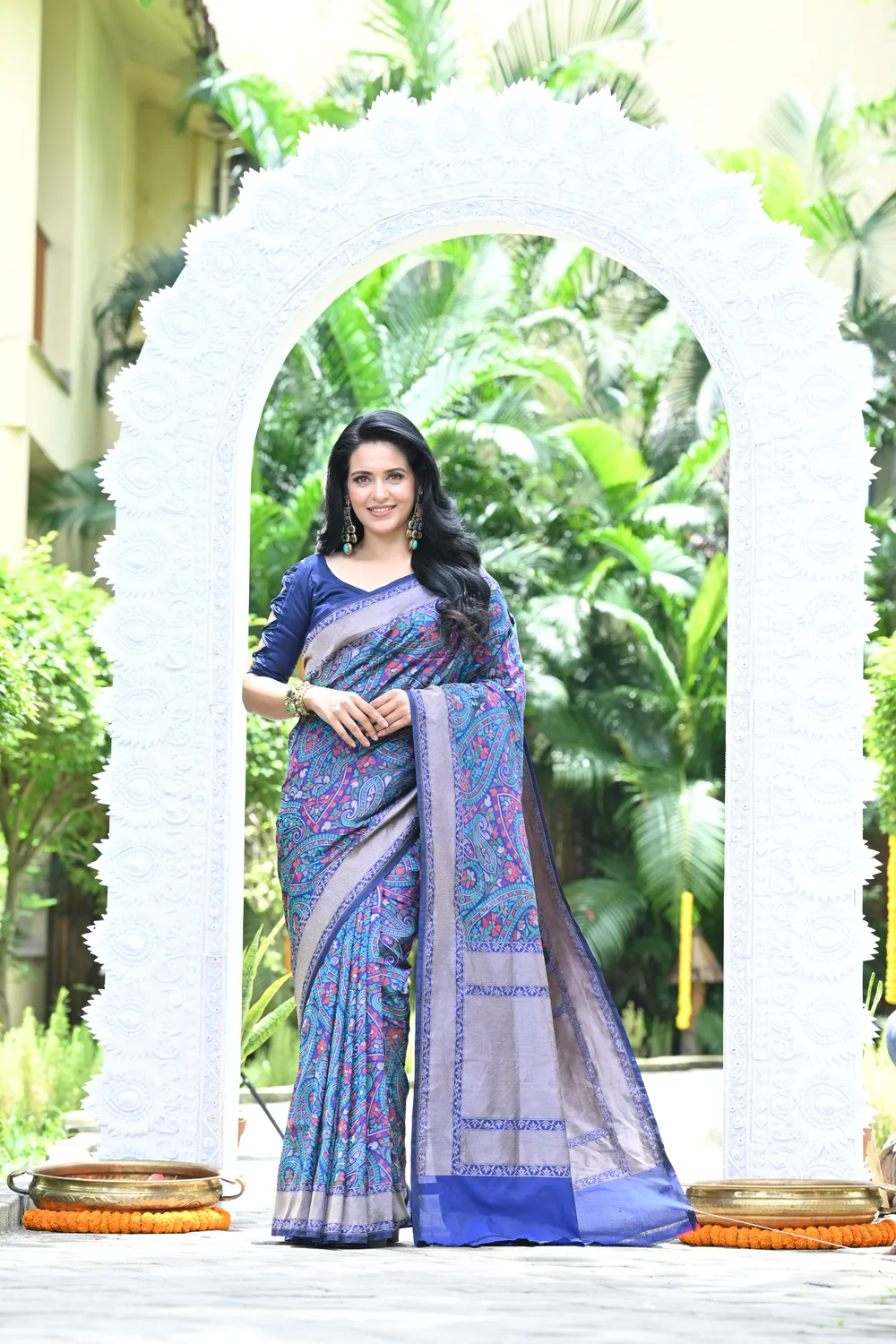 Blue Pure Katan Jamdani Saree